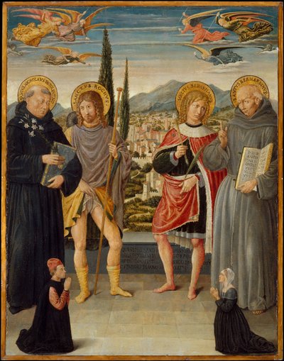 Heiligen Nicolaas van Tolentino, Rochus, Sebastiaan en Bernardinus van Siena, met knielende schenker door Benozzo di Lese di Sandro Gozzoli